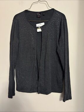 Rafaella open front grey sweater studded/silver clasp trim size M new with tags
